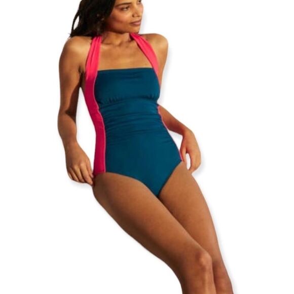 Boden Minori Halter One Piece Swimsuit Blue Pink Colorblock 10 FLAW - Picture 2 of 9